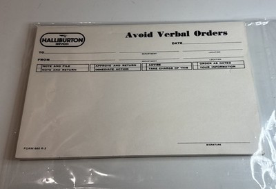 Vintage Halliburton Oil Co / Order Pad /  Avoid Verbal Orders / Oilfield Energy