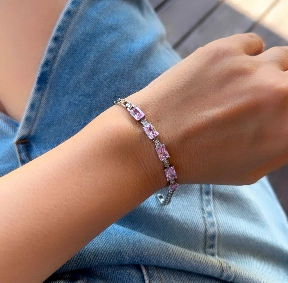 Pulsera Baguette Cristal Rosa Tono Plata Platino Chapado Joyería de Lujo Foto 2 de 4