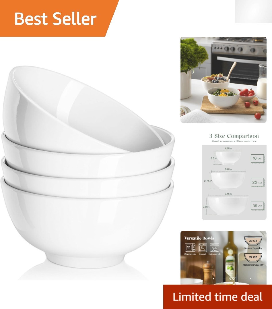 Durable 22 OZ Round Ceramic Bowls Set of 4 &ndash; Ideal for Sou