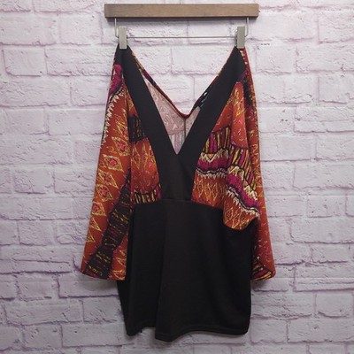 Roommates Aztec Stretch Blouse Off-Shoulder Women's 3X Lagenlook Autumn Granola