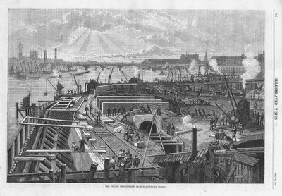 Construction of Thames Embankment from Blackfriars Bridge - Antique Print 1870