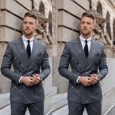 Grey Men's Suits Double-Breasted Formal Business Office Wear Slim Fit 2 Pieces