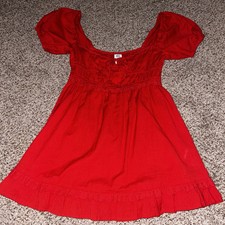 Urban Outfitters Cotton Puff Sleeve Babydoll Mini Dress Red New Size XS