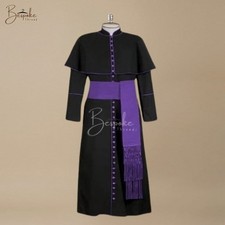Black Roman Clergy Cassock Purple Trim Mozzetta Cape 33 Button Bishop Vestment