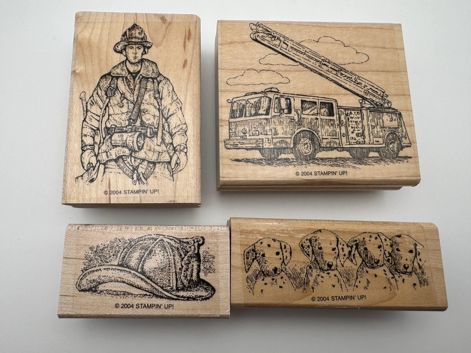 Fire Brigade STAMPIN UP Wood Stamp Set Stamps Firetruck Dalmatian Helmet Fighter - Image 2 of 4
