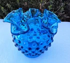 Vintage Fenton Hobnail Colonial Blue Art Glass Ruffled 4.25" Vase Bowl UV Glow