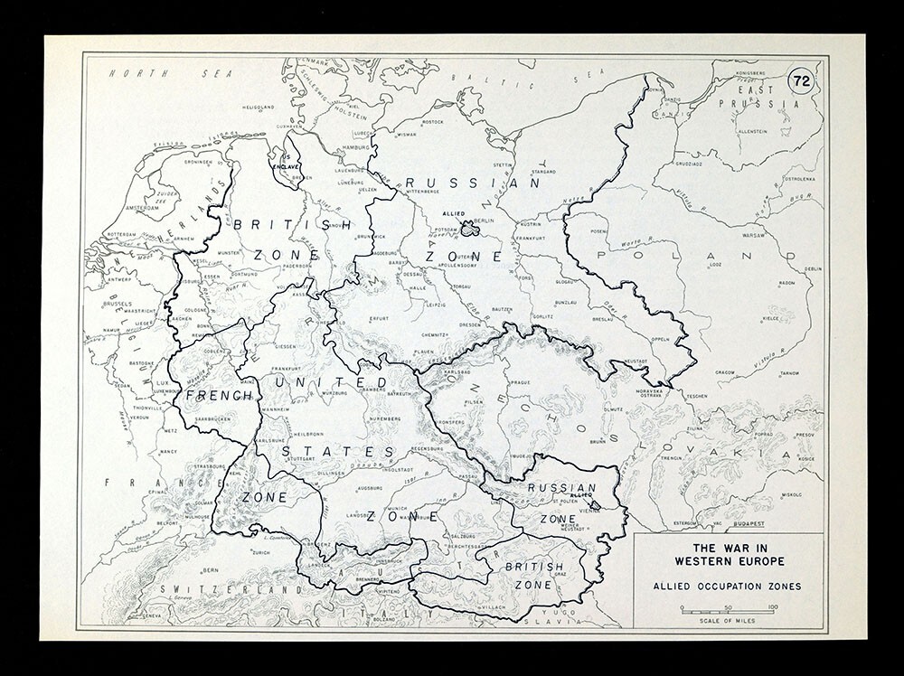 WWII Map 72 - Western Europe Allied Occupation Zones Berlin