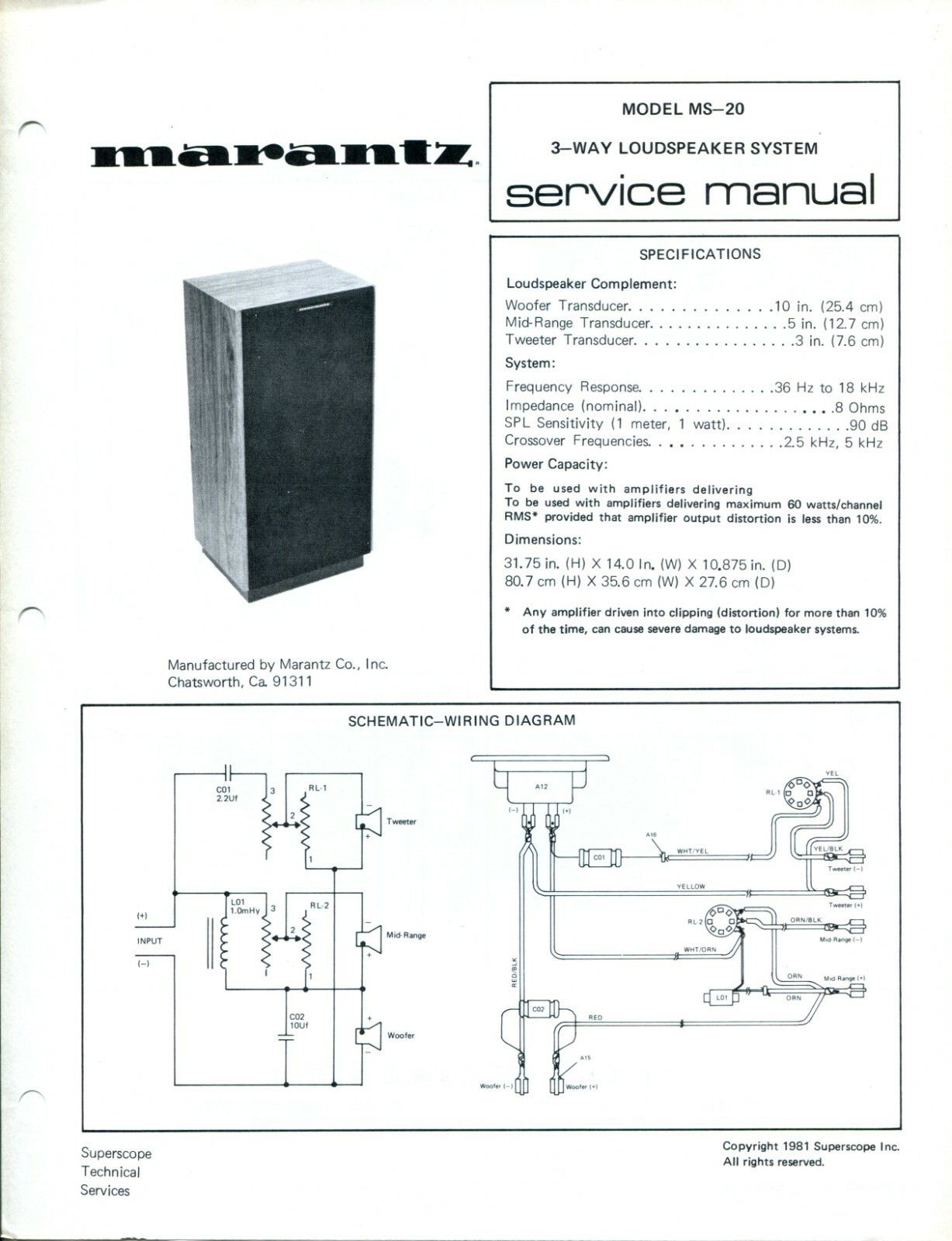 Vintage Marantz Model MS-20 3-Way Loudspeaker System Service Manual
