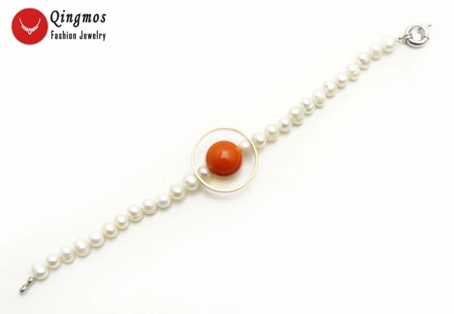 Pulsera redonda de perlas blancas naturales de 6-7 mm para mujer l con pulsera de coral naranja Foto 3 de 4