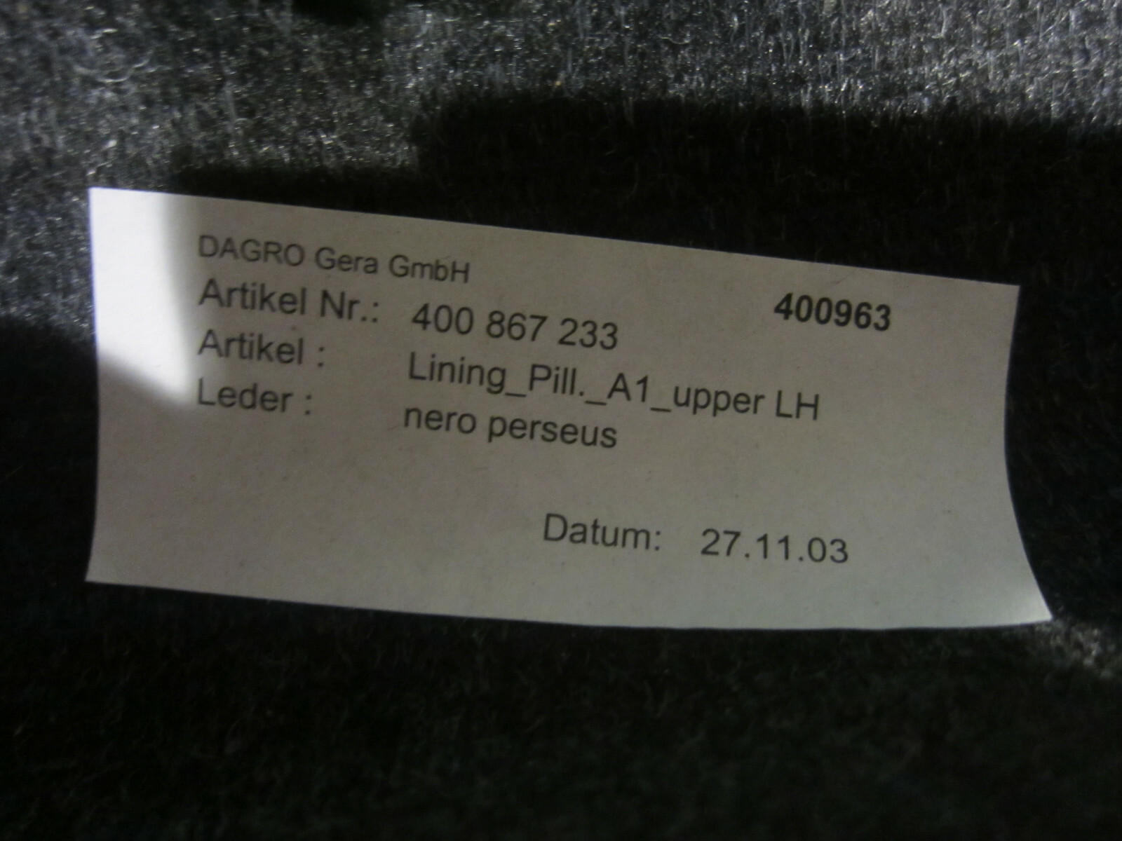 Lamborghini Gallardo  - LH A-Pillar Cover Black - P/N 400867233