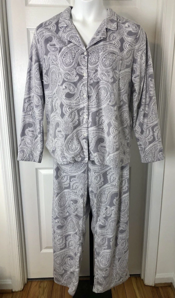 Adonna Pajama Set Womens XL Gray Paisley Long Sleeve Button Front Soft Fleece - Image 2 of 4