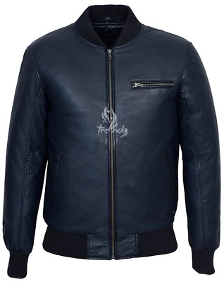 Herren 70er Jahre Street inspiriert Klassisch Retro Marineblau Leder Bomber Jacke 275 z