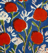 Blue Orange Floral Indian Block Print By the Yard Fabric for Sewing Dressmaking
