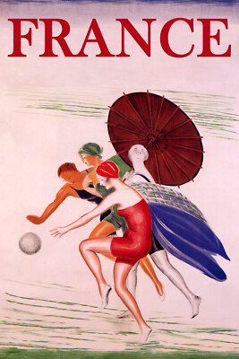 France Summer Beach Fashion Girls Sun Umbrella Vintage Poster Repro FREE S/H