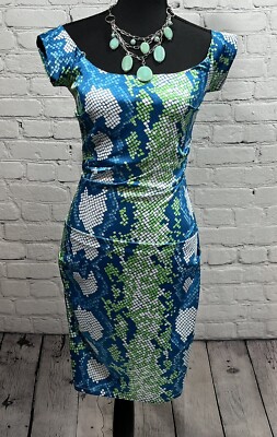RUBBER DUCKY *SZ S Women's Green/Blue Geometric Snaky skin like Dress very  tight | eBay