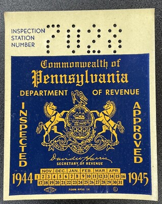 1944-1945 Pennsylvania Inspection Sticker Pa Vtg Car Truck UNISSUED Antique Ford