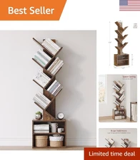 Modern Floor Standing 6 Tier Tree Bookshelf, Small Space Organizer, Rustic Charm
