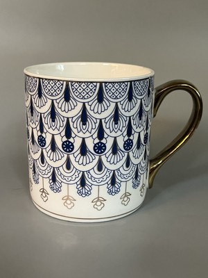 Royal Classic Coffee Tea Mug White Bone China Blue Art Deco Pattern Gold Trim