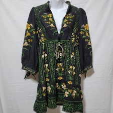 Farm Rio Floral Arch Black Linen Blend Mini Dress Size Medium Black Yellow