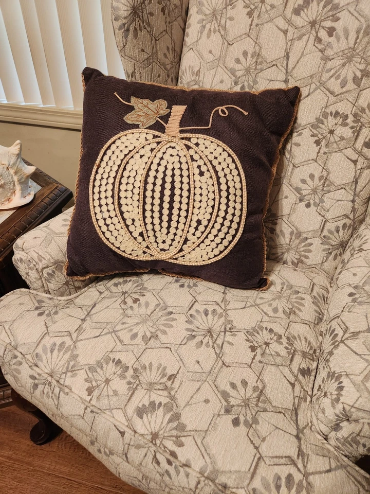 Pillow Embroidered Pumpkin Hopsack-Look Brown Rustic 17x17" EUC - Image 2 of 4
