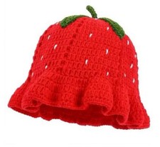 Strawberry Crochet Bucket Hat Women Slouchy Knit Ruffles Brim Cute Fruit