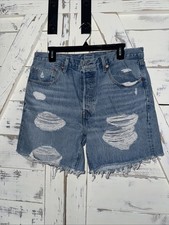 Levi's 501 90s Denim Women Shorts Button Distressed Frayed Midi Hem Blue Sz 32