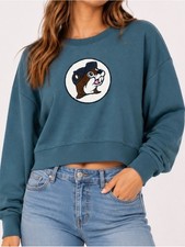 Buc-ee s Teal Blue Cropped Beaver Logo Crewneck Sweatshirt Embroidered Patch LG