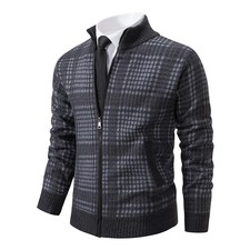 Mens Sweaters Jacket Full Zip Fleeced Sweater Cardigan Plaid Stand Collar Sweate