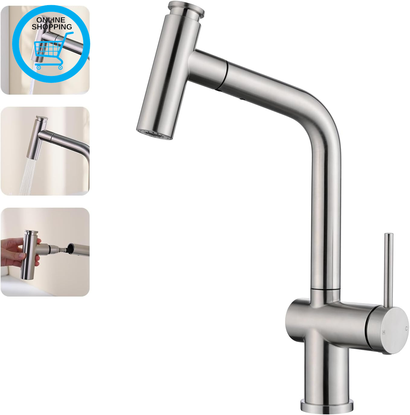 Brushed Nickel Kithen Tap with Pull Out Sprayer | 2 Mode Sprayer Mixer Tap, 304