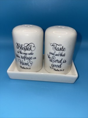 SALT & PEPPER SHAKERS W/ TRAY Psalm 34:8  Ceramic White