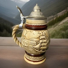 Avon Ceramic Beer Stein Tall Ships Embossed Handcrafted From Brazil Vintage 1977