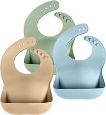Set of 3 Silicone Bibs for Babies Toddlers,Soft Adjustable Bibs with Pocket Fo