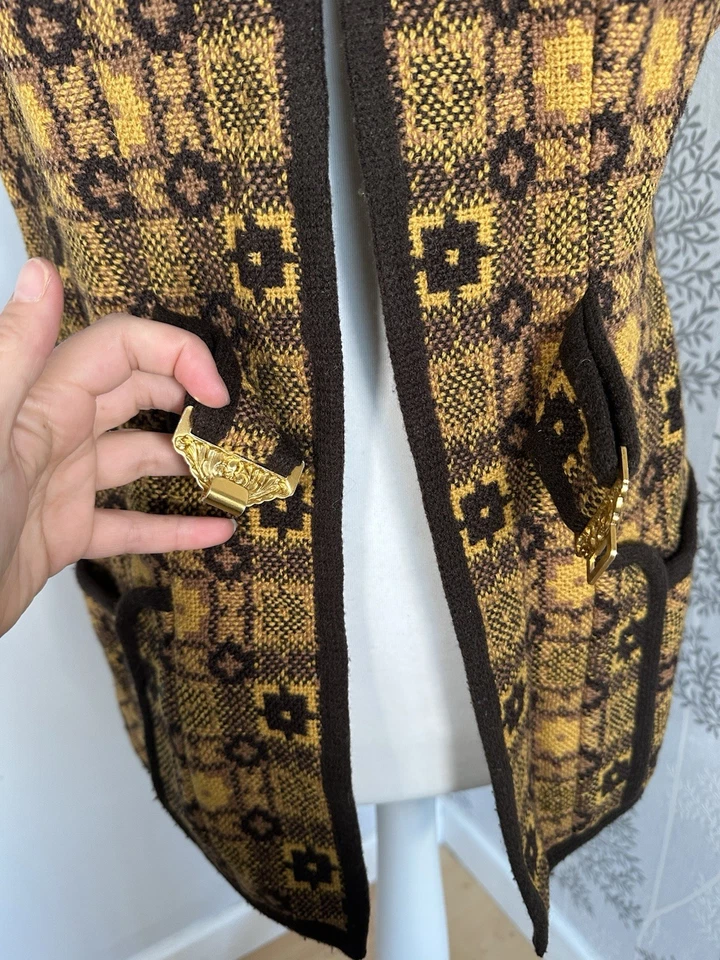 Vintage Welsh Tapestry Waistcoat Gilet 100% Wool Buckle Front Brown Orange - Image 3 of 4