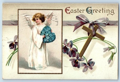 1910 Easter Greetings Angel With Floral Heart And Cross Flowers Posted Postcard