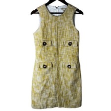 Michael Kors Dress Womens 6 Yellow White Sleeveless Shift Pockets Button Tweed