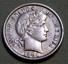 1901 P United States Silver Barber Dime - AU Details - Item 653