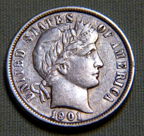 1901 P United States Silver Barber Dime - AU Details - Item 653