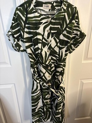 SixDO Women's Green and White Leaf Print Button-Front Dress with Belt 298