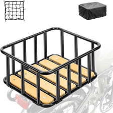 Bike Rear Basket with Waterproof Cover, Cargo Net, Wooden Base, 13.8"X11.8"X6.7"