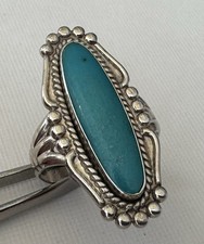 Vintage Native American Large Oval Green Turquoise Sterling Silver Size 7 Ring