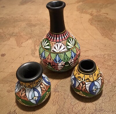 Vintage Hand Painted Ceramic Vases Made In Costa Rica (set Of 3)