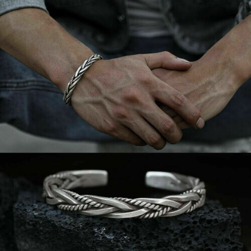 Mens 925 Sterling Silver Thai Handmade Vintage Open Bangle Twisted Cuff Bracelet - Picture 2 of 12