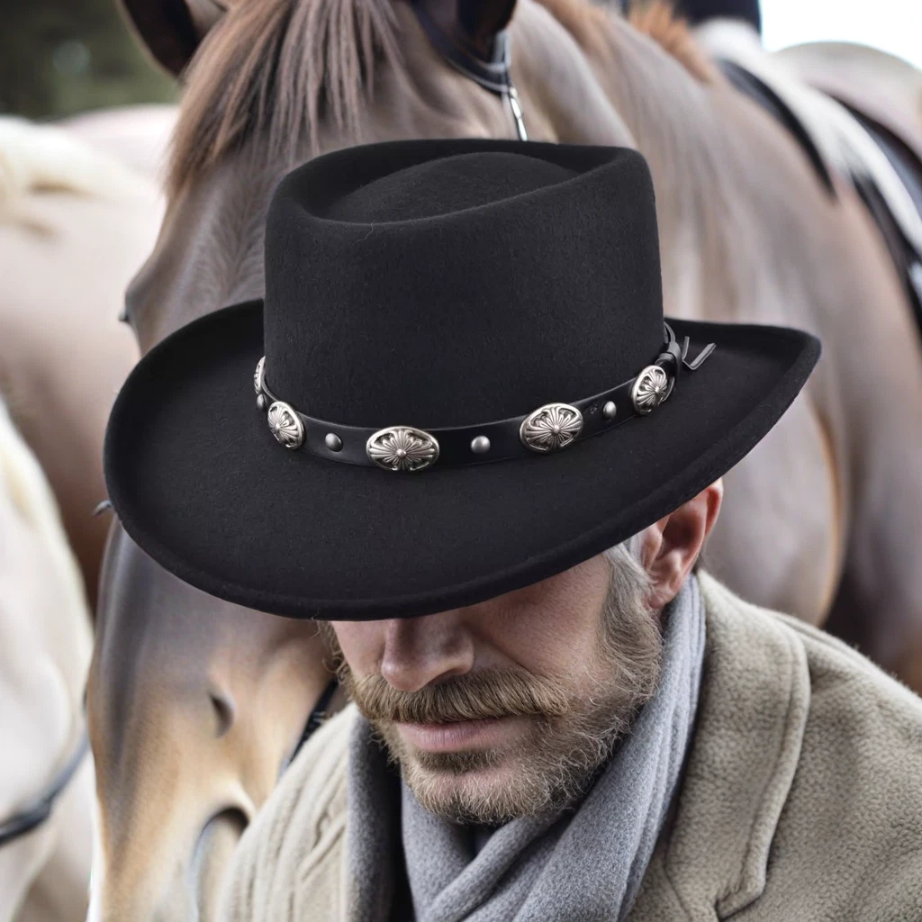 Gambler Cowboy Hat Black Wool Felt with Buckle Trim Crushable Wool Felt Gambler