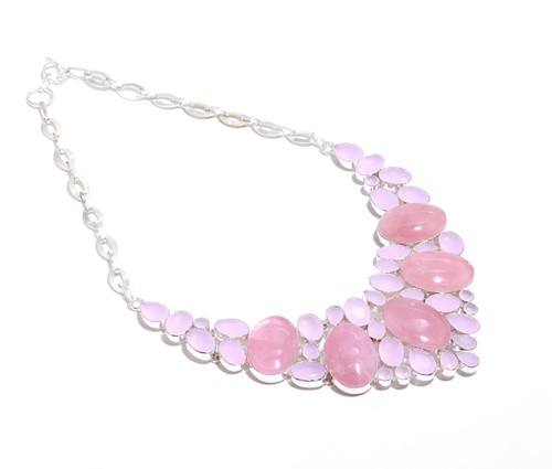 Conjunto de collar de piedras preciosas de cuarzo rosa de plata de ley 925 hecho a mano para mujer - Imagen 2 de 5