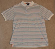 Used Daniel Cremieux Collared Polo Shirt White w/ Navy Blue Green Orange Stripes