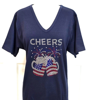 1X 2X 3X Top Rhinestone Bling Patriotic CHEERS BEERS Flag Short or 3/4 Sleeve