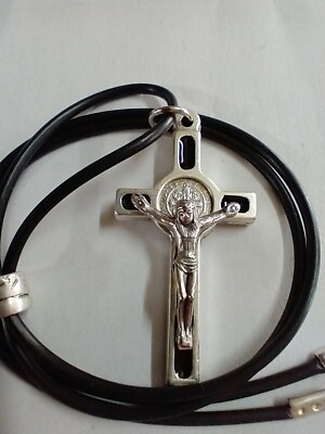 Catholic 1.5'' St Benedict Enamel Cross Crucifix Italy 20'' Poly Cord Necklace