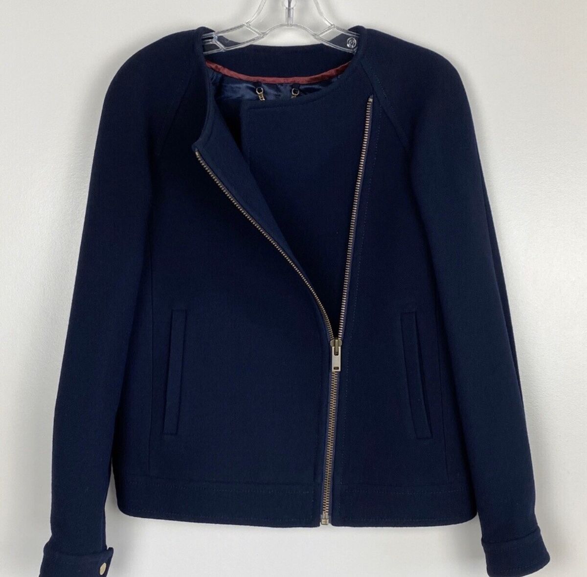 J Crew navy Double Cloth Moto Motorcycle Wool Jacket Womens 4 Asymmetric Zip