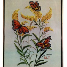 Vintage Crewel Embroidery Kit Butterfly Butterflies Floral MCM Mid Century