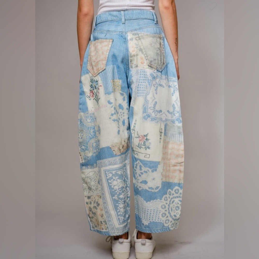 Boutique patchwork Illusions Printed barrel Jeans… - image 4